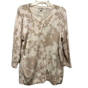 Roz & Ali Lightweight Button Down Beige Ivory Sweater XL Rayon Nylon 3/4 Sleeves